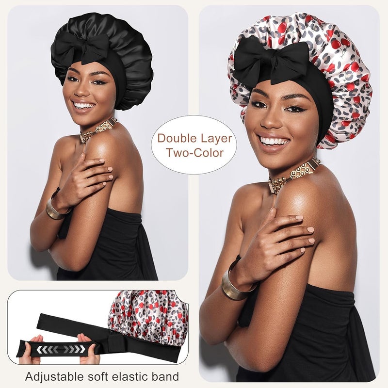 CHLINS Satin Bonnet Silk Bonnet for Sleeping Silk Sleep Cap Double Layer Hair Bonnet with Elastic Tie Band for Curly Hair Night Cap - Image 2